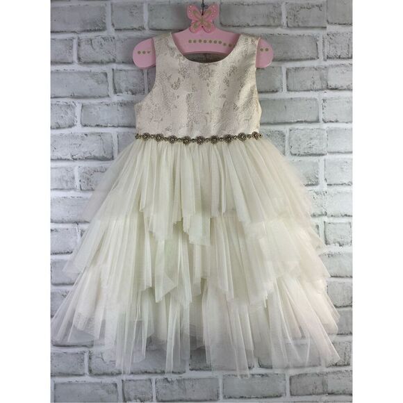 Couture Princess Girls Size 5 Gold Brocade and Ivory Tulle Party Occasion Dress - Picture 6 of 6